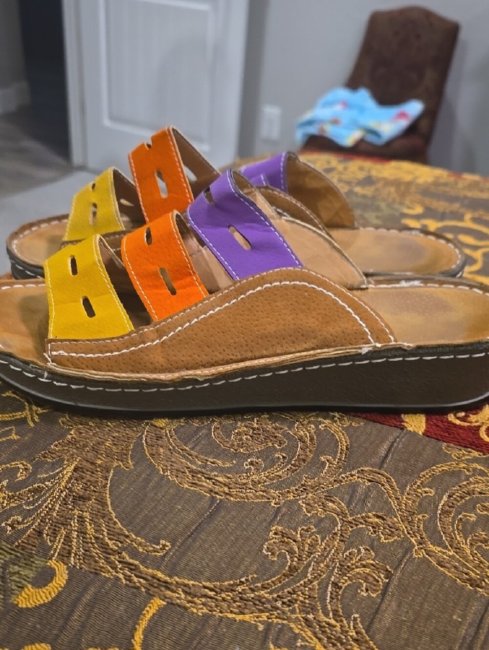 Women’s Multistrap Slide Sandals in Yellow, Orange & Purple - Picture 2 of 6
